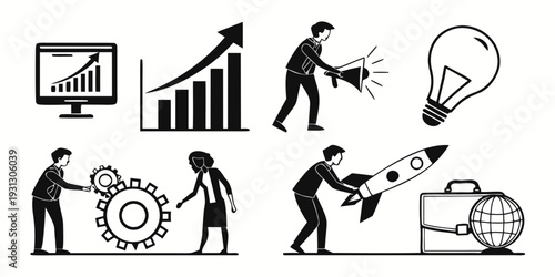 Illustrations of business concepts and activities involving people
