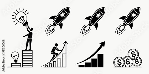 Illustrations of business growth and success with rockets and graphs