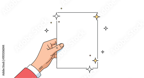 Hand holding a blank white paper document with sparkling stars around it to represent a certificate, award, or important notice.