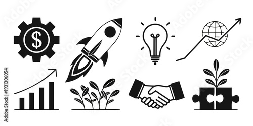 Icons representing various aspects of business growth and success.