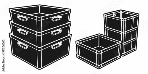 Stacked black plastic storage crates with lids and handles for organization