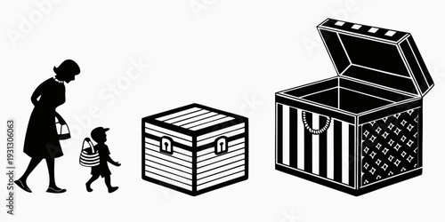 A woman and child walking towards two treasure chests of different sizes