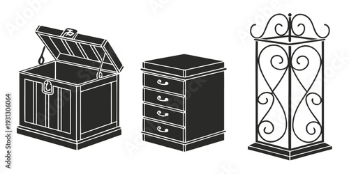 Three distinct types of furniture including a chest, a dresser, and a gate.