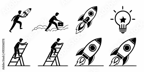 Illustration of a person climbing a ladder to launch a rocket with a lightbulb idea