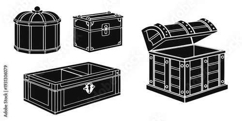 A collection of intricately designed treasure chests in various sizes and styles