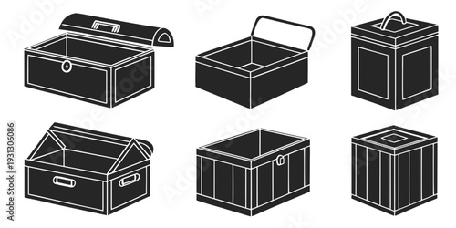 A collection of six vintage trunks and chests in various designs and sizes