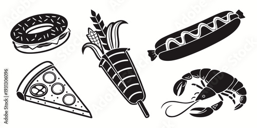 Assorted food items including pizza, hot dog, and french fries