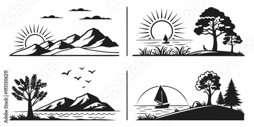 Four distinct landscapes showcasing diverse natural environments and landmarks.