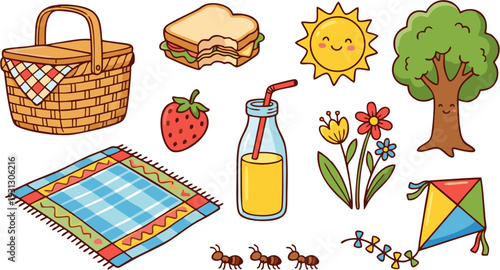 Summer Picnic Elements Basket, Sandwich, Juice, Flowers, Kite, and Sun on a Blanket with Ants