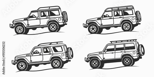 Four different types of off-road vehicles parked in a row.