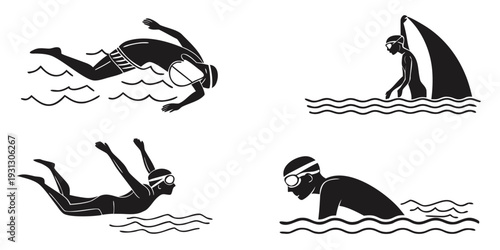 A series of images depicting a person swimming and encountering a shark in the water.