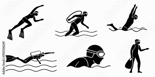 Illustration of various scuba diving and swimming activities