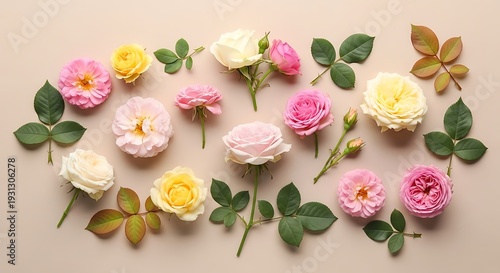 Beautiful assortment of colorful rose blossoms and green leaves artfully arranged on a light background.