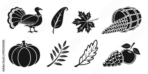 A collection of autumn-themed icons featuring various plants and fruits