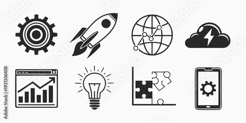 A collection of icons representing various aspects of technology and innovation