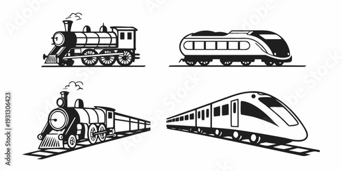 A comparison of steam and modern electric trains in black and white
