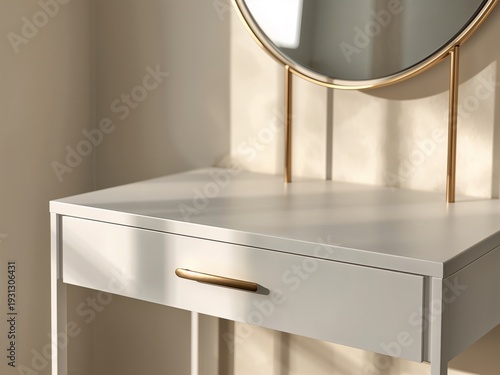White vanity table with drawer and round mirror in warm natural light.