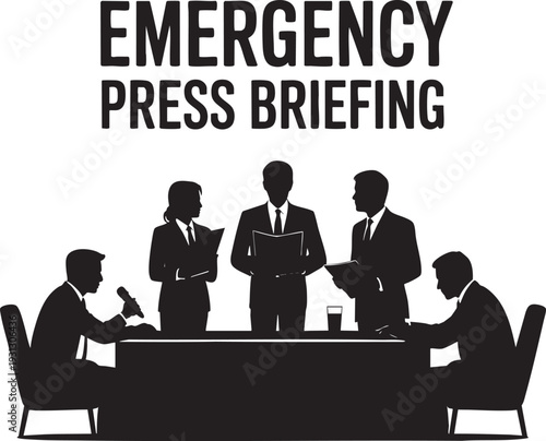 Press Conference Silhouettes in Formal Attire with Documents in Dramatic Black and White Illustration for News Reporting