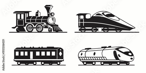 A diverse collection of trains showcasing various designs and eras of rail transport