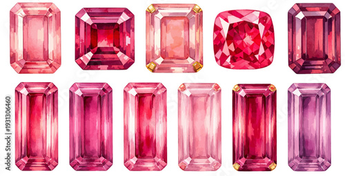 A charming watercolor collection of pink tourmaline rhinestone cut gemstones, including rectangular and cushion shapes.