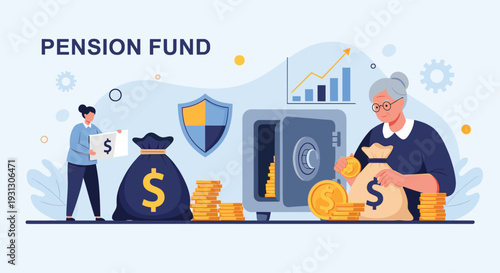 Pension fund concept with an elderly woman putting gold coins into a bag next to a safe and stacks of money for retirement savings.