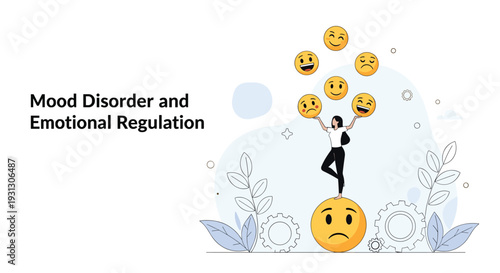Woman balancing various happy and sad emoji faces while standing on a giant sad face for mood disorder and emotional regulation.