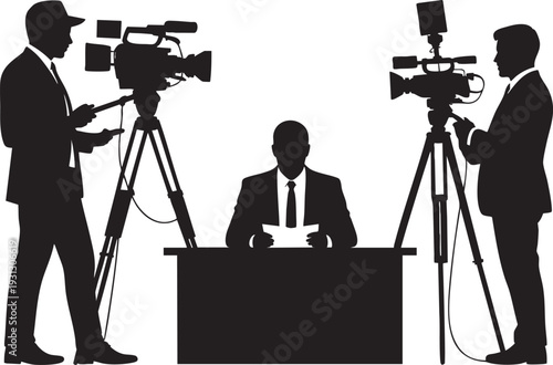 Press conference with cameramen in silhouette against white background in dramatic lighting for news media