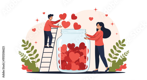 Couple putting red heart symbols into a large glass donation jar to represent charity, philanthropy, kindness, and social support.