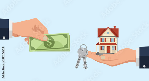 Real estate transaction showing hands exchanging cash for house keys and a model home to represent buying or renting a property.