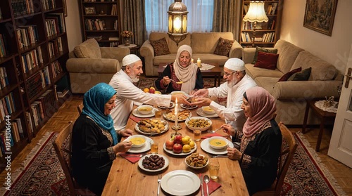 Family Gathering Dinner Scene in Cozy Library Living Room