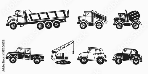 A diverse collection of construction vehicles including trucks, cranes, and cement mixers.