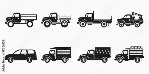 A collection of various types of trucks and vehicles illustrated in a simple black and white style.