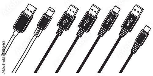Variety of usb cables with different connectors and colors arranged in a row