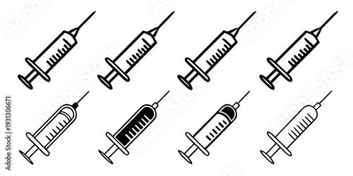 Assorted medical syringes and needles in a variety of sizes and designs.
