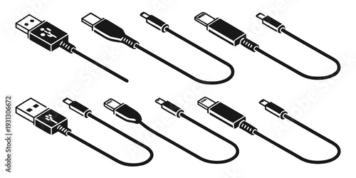 Assorted usb cables with various connectors and tips displayed in a row.