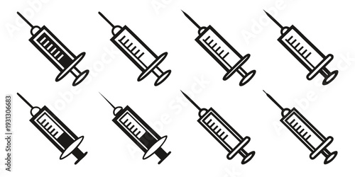 Eight identical syringes arranged in a two by four grid pattern.