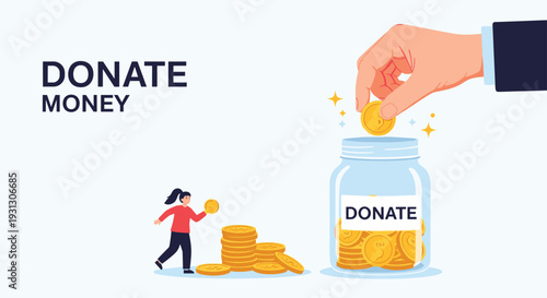 Hand putting a gold coin into a glass jar for donation next to a small woman carrying a coin to represent charity and giving.