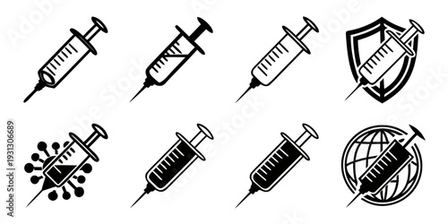 Assorted medical icons representing vaccination and protection against viruses