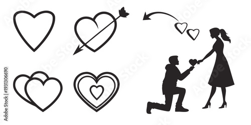 Romantic scene with hearts and couple exchanging rings.