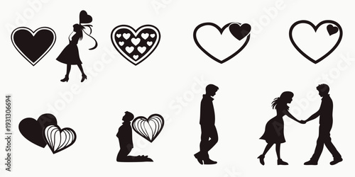 Collection of black and white heart and couple-themed icons and symbols