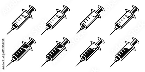 A collection of nine different types of syringes in a single image.