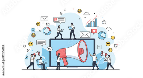 Digital marketing and social media concept with a giant megaphone on a laptop screen surrounded by people and various icons.