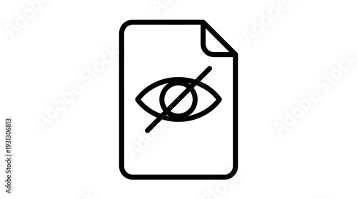 Simple black and white outline icon representing a document file with a crossed-out eye symbol indicating privacy protection.