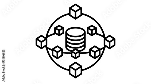 Abstract line art icon illustrating decentralized data storage network connectivity centered around a central database symbol