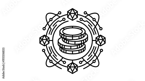 Stacked cryptocurrency coins encircled by geometric nodes and connecting digital circuit lines symbolizing network security