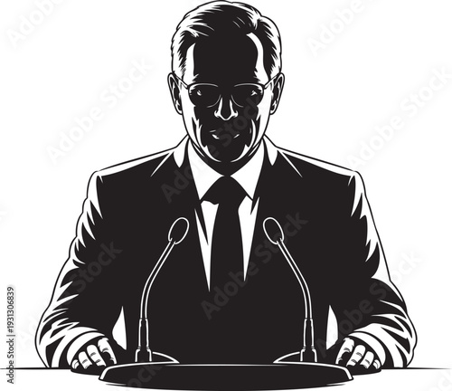 Businessman Speaking at Podium in Monochromatic Formal Attire with Dramatic Lighting for Corporate Presentation