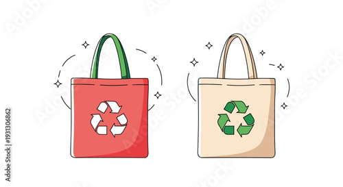 Pair of reusable fabric shopping bags with recycle icons promotes eco-friendly living and reducing plastic waste for environmental care.