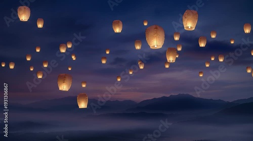 Floating Lanterns Over Misty Mountains During Night Scene