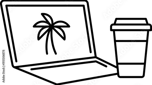 Minimalist black and white icon depicting a laptop displaying a palm tree next to a disposable coffee cup