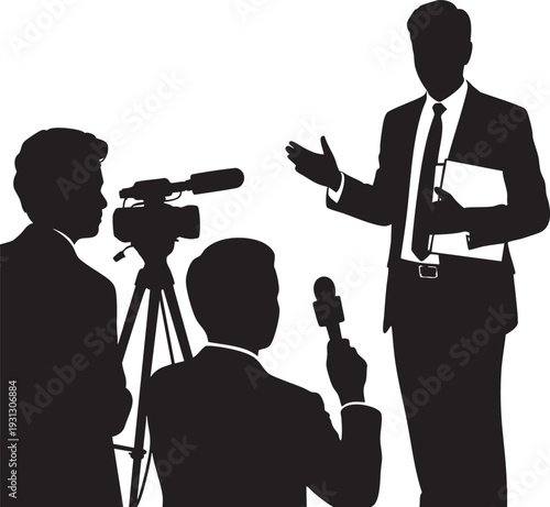 Businessman being interviewed by journalists in silhouette with dramatic lighting on white background for corporate news